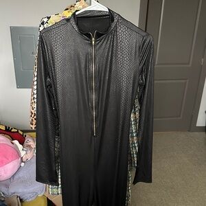 Black Textured Jumpsuit with Zipper